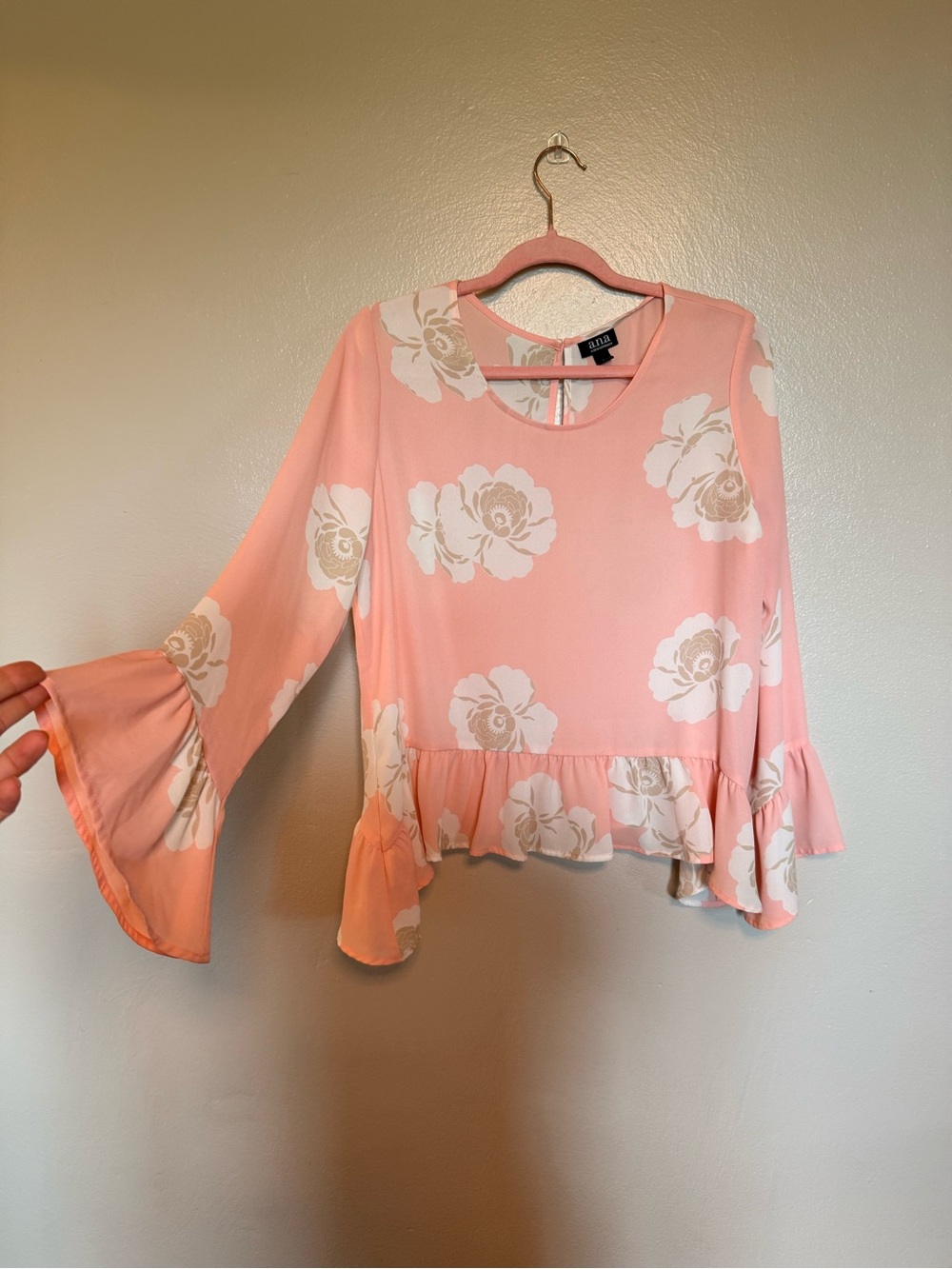 ANA Pink Floral Bell Sleeve Ruffle Hem Blouse